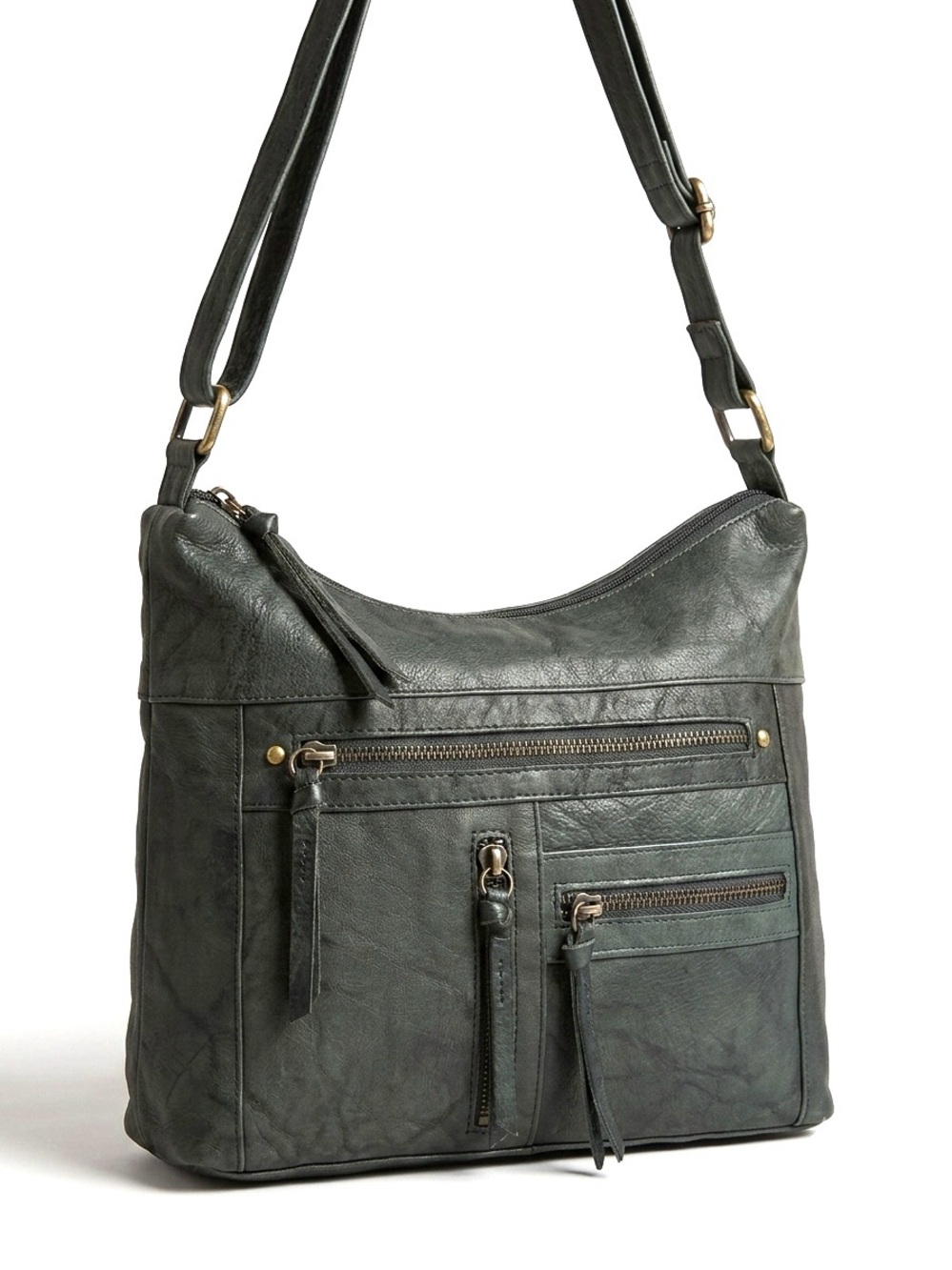 Great American LeatherWorks Slate Green Washed Leather Multi-Pocket Hobo Bag